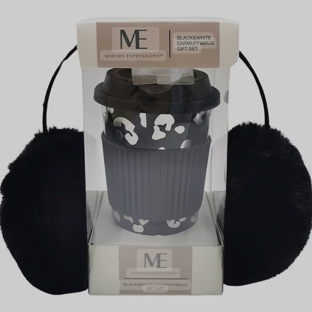 New Modern Expressions Earmuff and Mug Set Black and Metallic Silver 13.2 FL OZ.